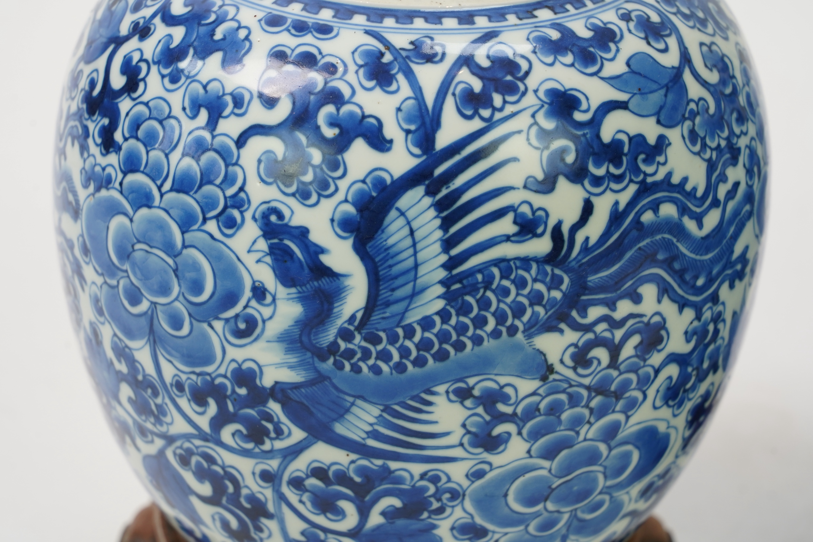 A pair of Chinese blue and white ‘phoenix’ jars, Kangxi period